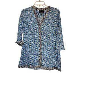 Foxcroft Womens Wrinkle-Free Shaped Fit Blue & White Geometric Pattern 3/4 Sleev